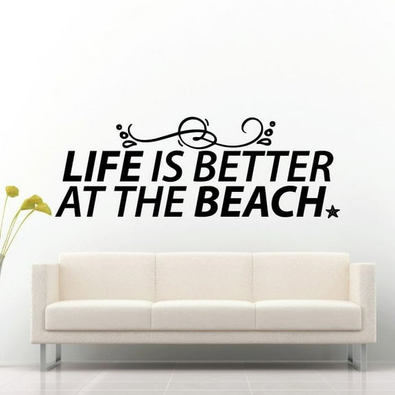 Life Is Better At The Beach - Beach Wave Silhouette Quote Vinyl Wall Sticker Art Decal Beach Area Ocean Vibes Chill Out Design Beach House Home Decor Sticker Decoration Size(12x30 inch)