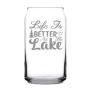 Life Is Better At The Lake Design 16oz Can Shaped Pint Glass Hand Engraved Unique Etched Gift Outdoor Lover