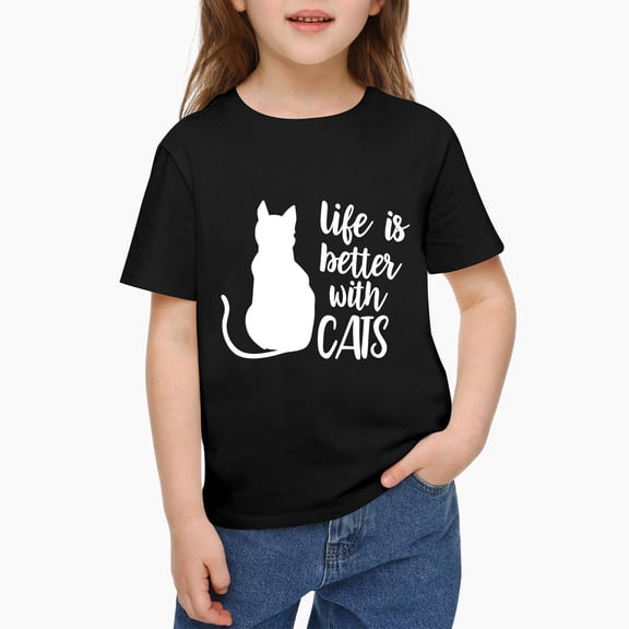 Life Is Better..., Cute Cat Lover T Shirts Funny Graphic Tee Shirts Female Tops,Casual Holiday Top For π΄π²ππΌ 130cm