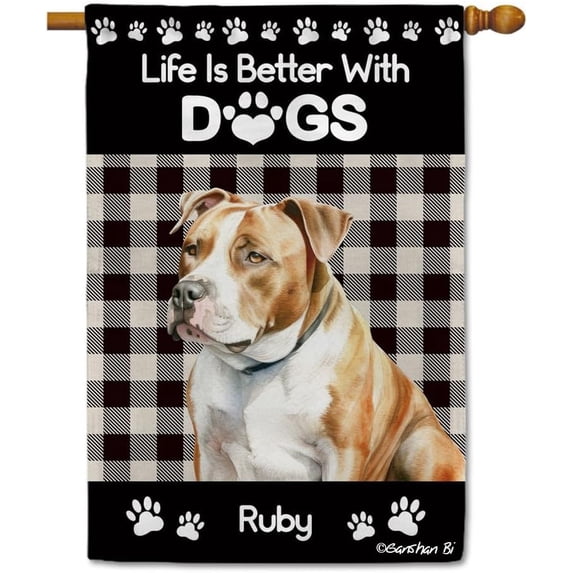 Life Is Better with Dogs House Flag Custom American Staffordshire Terrier Watercolor Dog Paws Buffalo Plaid Outdoor Yard Decor Flag Banner Double Side 28X40 Inch