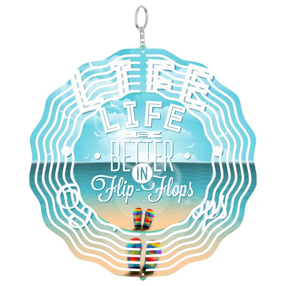 Life Is Better In Flip Flops 3D Wind Spinner Kinetic Metal Hanging Summer Beach Decor Round