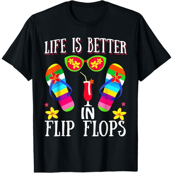 Life Is Better In Flipflops Summer Flip Flops Beach Design T-ShirtMen and women, Black T-shirt, size: Extra large
