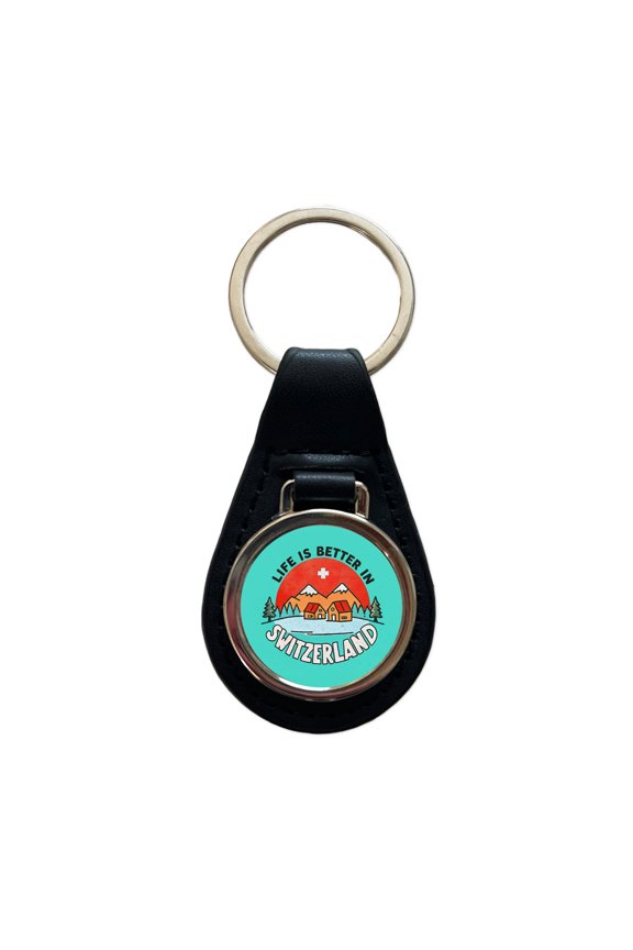 Life Is Better In Switzerland Metal Black Leather Keychain