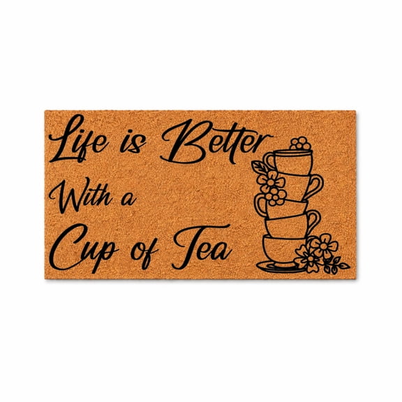 Life Is Better With A Cup Of Tea Doormat, Tea Cup Stack Floral Welcome Mat, Indoor Outdoor Entryway Door Mat (16x24 inches) WoodByStu 5426