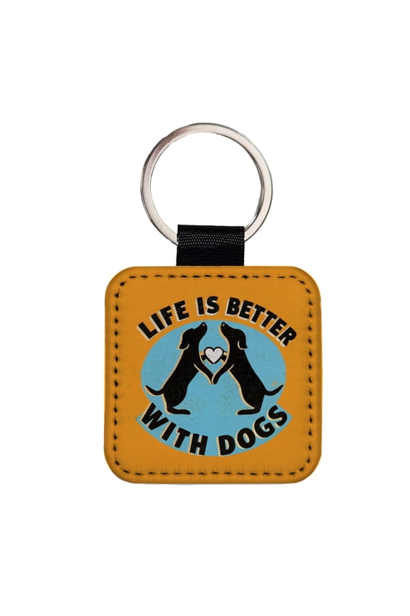 Life Is Better With Dogs Heart Faux Leather Square Keychain