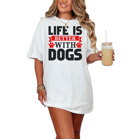 Life Is Better With Dogs Paw Prints, White Comfort Colors T-Shirt, Medium