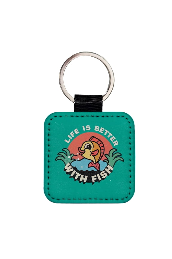Life Is Better With Fish Fishing Faux Leather Square Keychain