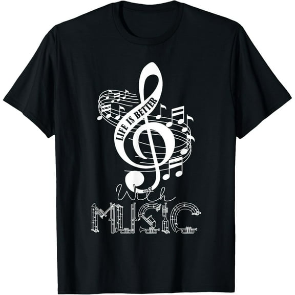 Life Is Better With Music Notes Musical Sheet Musician Music T-ShirtMen and women, Black T-shirt, size: Extra large