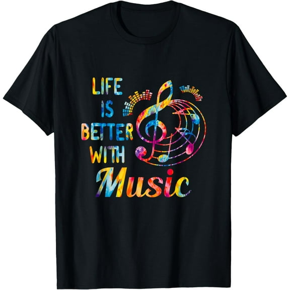Life Is Better With Music Notes Tie Dye Musician T-ShirtMen and women, Black T-shirt, size: Extra large