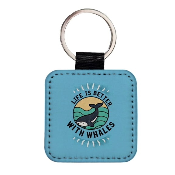 Life Is Better With Whales Faux Leather Square Keychain