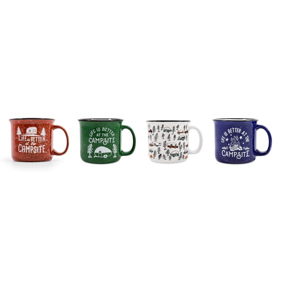Camco Multicolor Ceramic Mug Set, 14 oz, Camping Design, 4-Pack