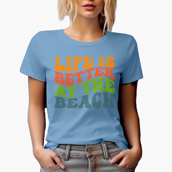 Life Is Better at the Beach, Groovy Retro Wavy Text Merch Gift, Baby Blue T-Shirt, Medium