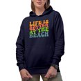 thumbnail image 1 of Life Is Better at the Beach, Sea or Ocean Lover Quote, Groovy Retro Wavy Text Merch Gift, Navy Blue Hooded Sweatshirt or Hoodie, Small, 1 of 5