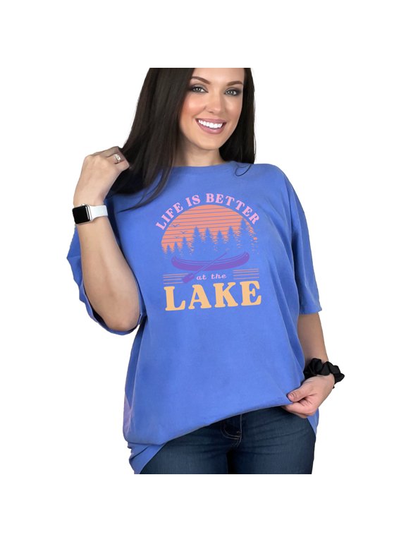 Life Is Better at the Lake Quote Art Merch, Flo Blue Comfort Colors T-Shirt, Small