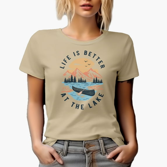 Life Is Better at the Lake with Sun, Boat, Mountains & Pine Trees Art Merch Gift, Tan T-Shirt, 2XL