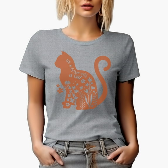 Life Is Better with a Cat Art Merch Gift, Heather Grey T-Shirt, Large