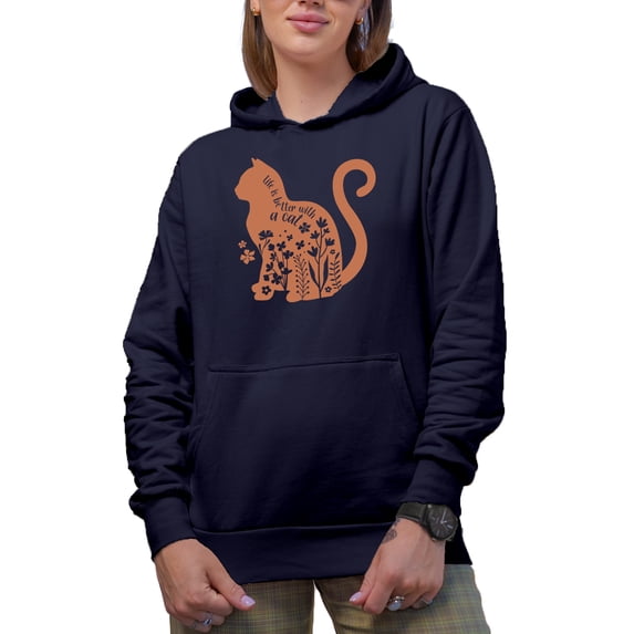 Life Is Better with a Cat, Kitty Owner, Lover or Parent Merch Gift, Navy Blue Hooded Sweatshirt or Hoodie, XL