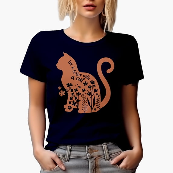 Life Is Better with a Cat, Kitty Owner, Lover or Parent Merch Gift, Navy Blue T-Shirt, 3XL