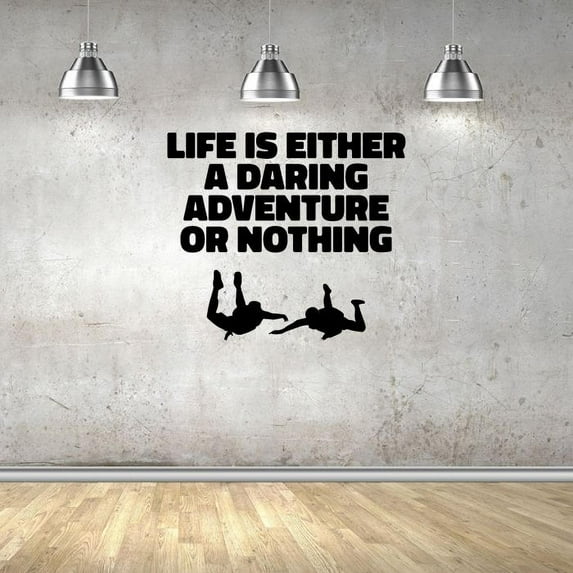 Life Is Either A Daring Adventure Or Nothing - Quote Skydiver Silhouette Vinyl Wall Sticker Art Decal Recreational Parachuting Room Design Bedroom Decor Skydiving Vinyl Decoration Size (20x20 inch)