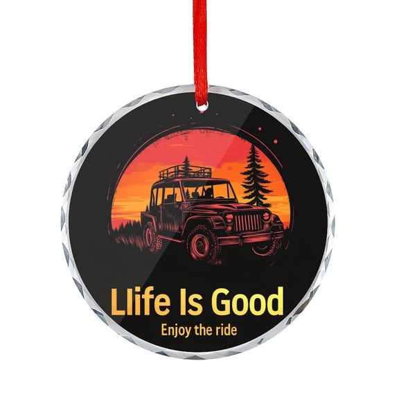 Life Is Good Enjoy The Ride Glass Ornament Retro Truck Round Shaped Glass Ornament for Home Office Xmas Tree Decor