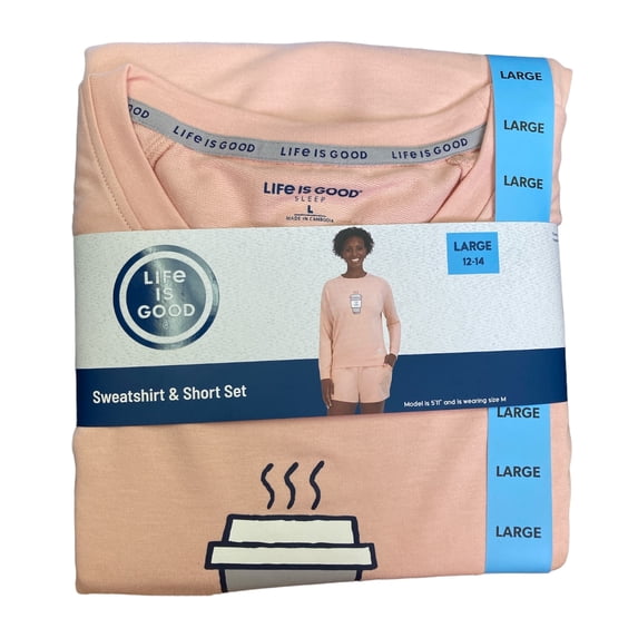 Life Is Good Women's Soft Long Sleeve Logo Sweater and Shorts Pajama Set (Himalayan Pink/To-Go Cup, XL)