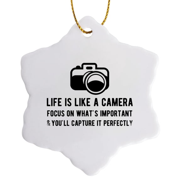 3drose, Life Is like a Camera. Black Lettering and Camera Clipart on White., 3 inch Snowflake Porcelain Ornament