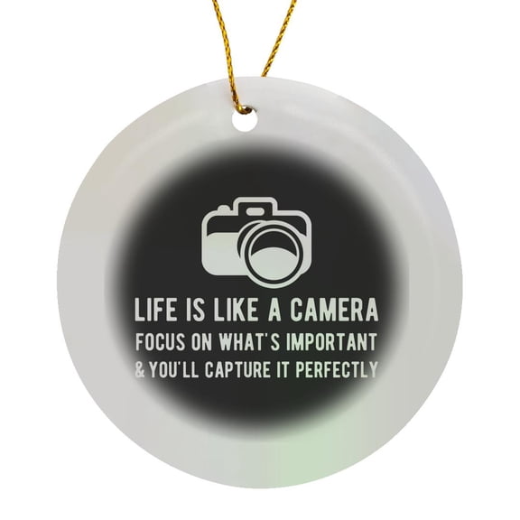 3drose, Life Is like a Camera. White Lettering and Camera Clipart on Black., Circle Porcelain Ornament