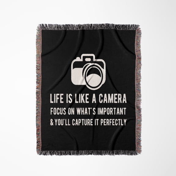 Life Is Like A Camera. White Lettering And Camera Clipart On Black., Woven Blanket