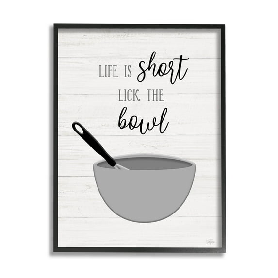 Life Is Short Lick The Bowl Phrase Typography Graphic Art Black Framed Art Print Wall Art