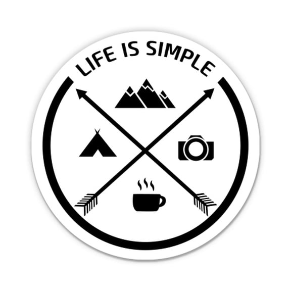 Life Is Simple Adventure Compass Coffee Mountains Camping - 3" Vinyl Sticker - For Car Laptop Water Bottle Phone - Waterproof Decal