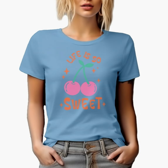 Life Is So Sweet Quote with a Cherry Art Merch Gift, Baby Blue T-Shirt, Medium