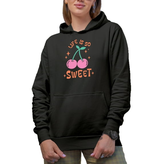 Life Is So Sweet Quote with a Cherry Art Merch Gift, Black Hooded Sweatshirt or Hoodie, Medium
