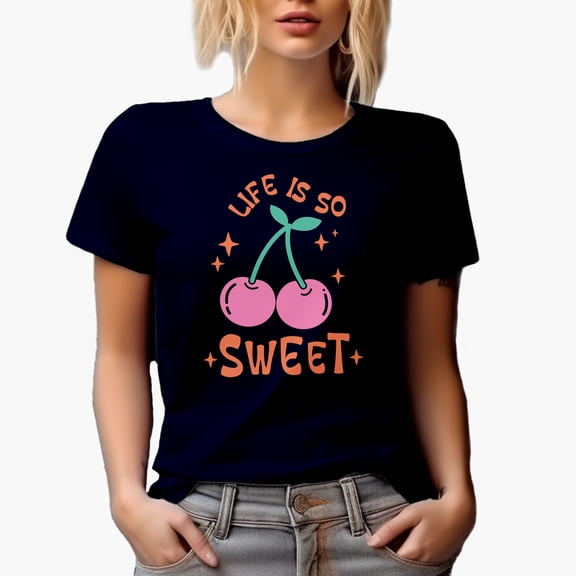 Life Is So Sweet Quote with a Cherry Art Merch Gift, Navy Blue T-Shirt, Small