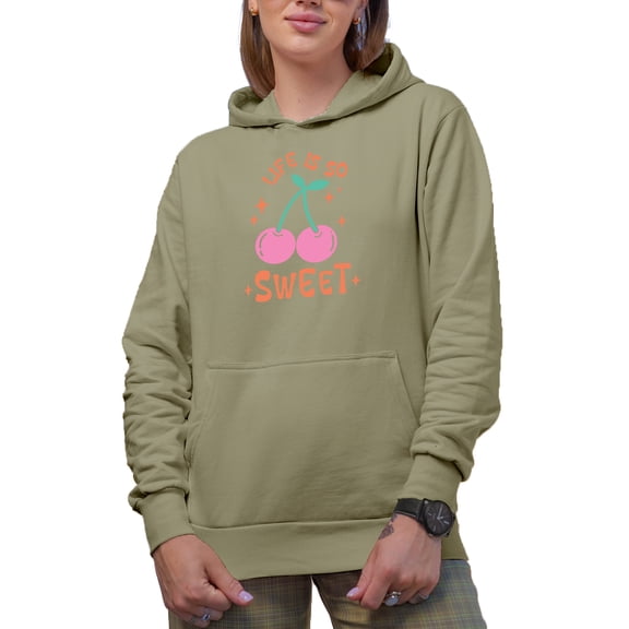 Life Is So Sweet Quote with a Cherry Art Merch Gift, Sand Hooded Sweatshirt or Hoodie, Medium