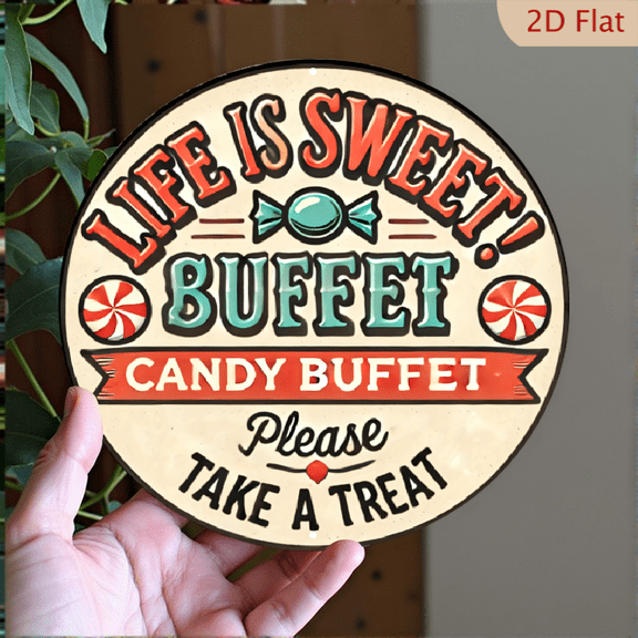 Life Is Sweet Candy Buffet Round Metal Sign 8x8 Inch Vintage Style Decorative Aluminum Wall Art for Kitchen Dessert Bar Party Decor