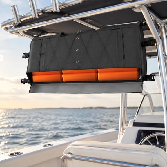 Life Jacket Storage Bag, fits 6 Type II vests, made of 600D Oxford fabric, with 5 pockets, also functions as boat trash bag, designed for T-Top use