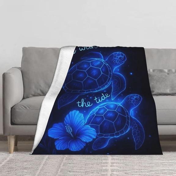 Life Is A Journey Glow Turtle Flannel Fleece Throw Blanket, Dark Blue Hibiscus Ocean Soft Cozy Blanket, Coastal Turtle Lover Teen Girls Home Decor Blanket for Sofa Bed
