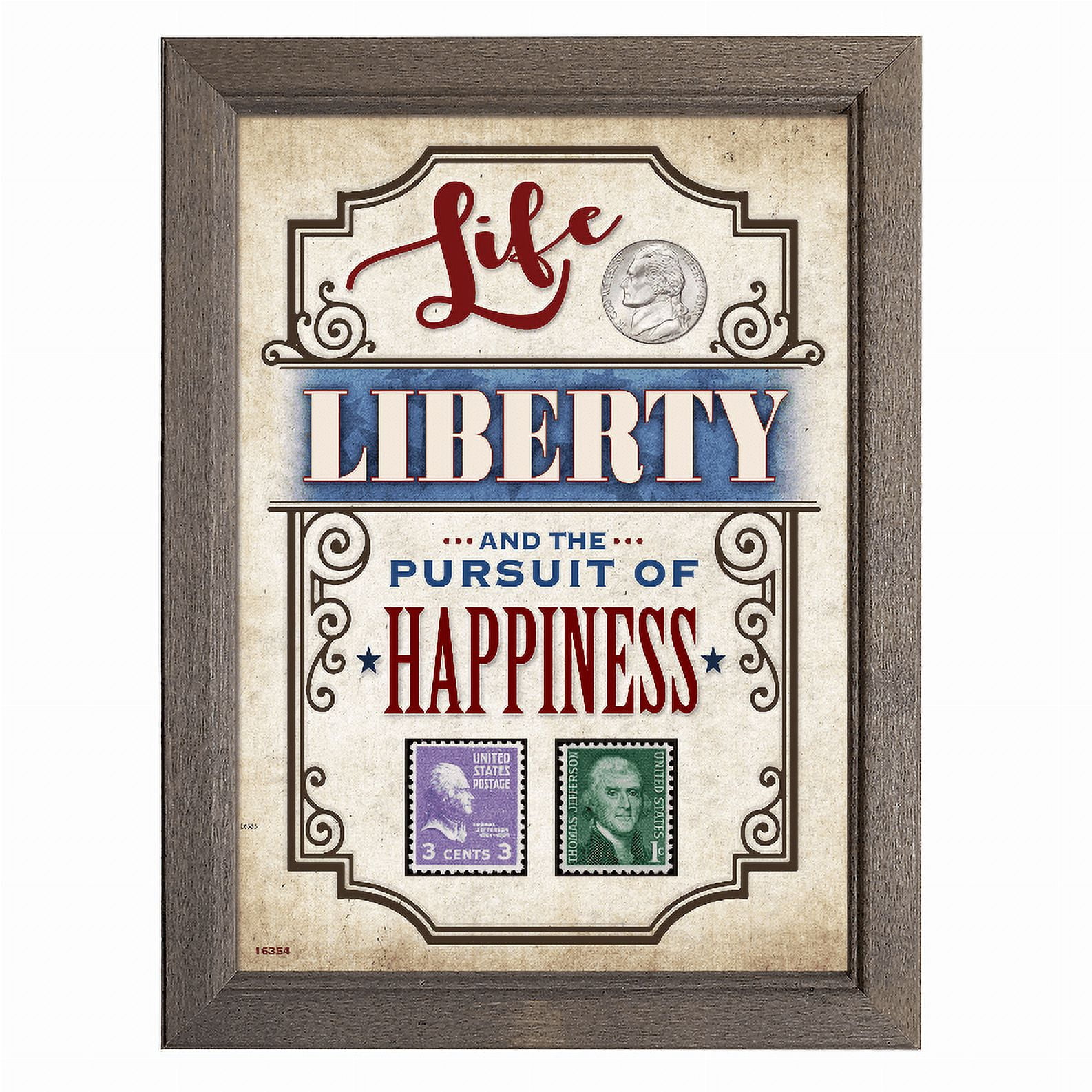 Life, Liberty and Happiness Gray Wood Frame with Coin and Stamps