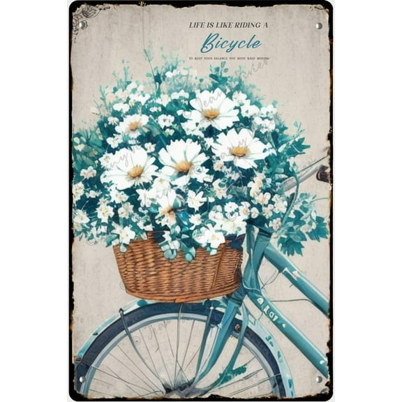 Life is Like Riding A Bicycle Novelty Tin Sign Bicycle and Flower Retro Vintage Metal Tin Bar Sign Country Home Decor for Bedroom Decoration Inspirational Quote Sign 5.5x8 Inches