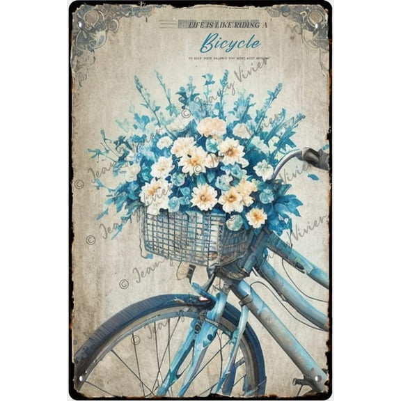 Life is Like Riding A Bicycle Retro Tin Sign, Bicycle and Flower Vintage Poster, Inspirational Quote Sign, Funny Bathroom Decor Wall Art Coffee Bar Vintage Metal Tin Sign 5.5x8 Inches