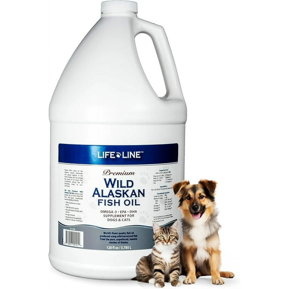 Life Line Pet Nutrition Wild Alaskan Fish Oil Omega-3 Supplement for Skin & Coat  Supports Brain, Eye & Heart Health in Dogs & Cats, 128oz