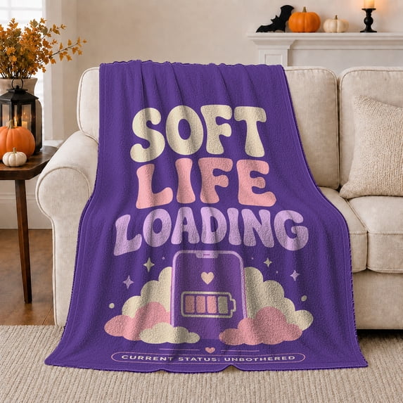 Life Loading Design Battery Graphic Purple Motivational, Cozy Friendship Quote Scene, Warm Flannel Blanket for Living Room and Reading Nook, Art Lovers Friendship Gift, Artistic Home Decor