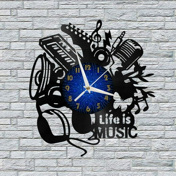 Life is Music 12 Inch Vinyl Record Wall Clock - Silent, Creative, and Unique Clock for Living Room, Entryway, or Bedroom Decor - Perfect Gift Idea(12 inchs B without LED)