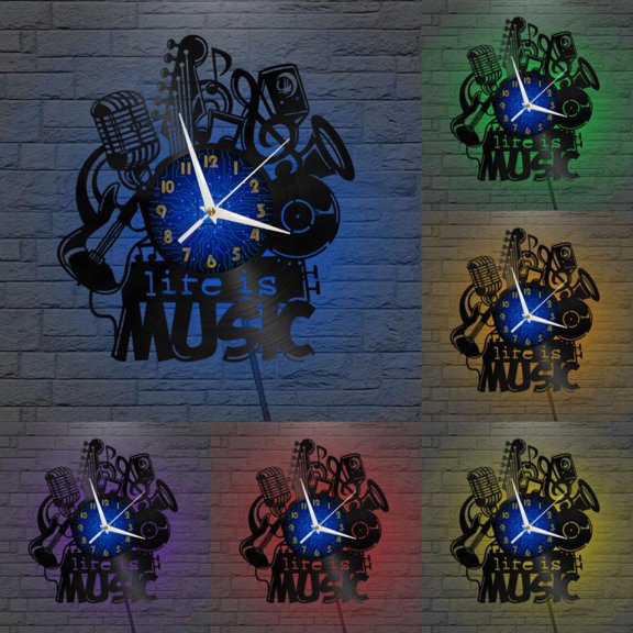 Life is Music 2 12 Inch Vinyl Record Wall Clock - Silent, Creative, and Unique Clock for Living Room, Entryway, or Bedroom Decor - Perfect Gift Idea(12 inchs B with LED)
