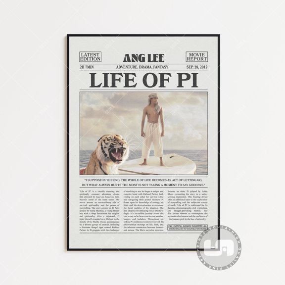 Life Of Pi Poster, Ang Lee, Retro Newspaper Movie Poster, Black White Wall Art, Vintage Retro Art Print