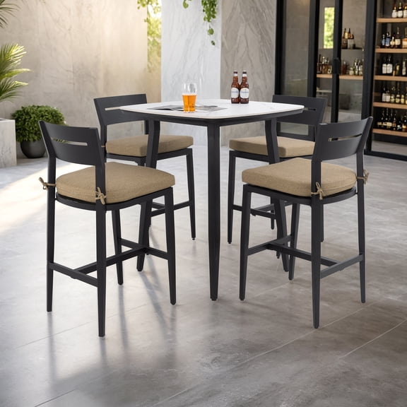 Life Outside 5-Piece Outdoor Bar Set - Aluminum Frame, Sintered Stone Table, Sunbrella Cushions - Ember Black & Linen Sesame