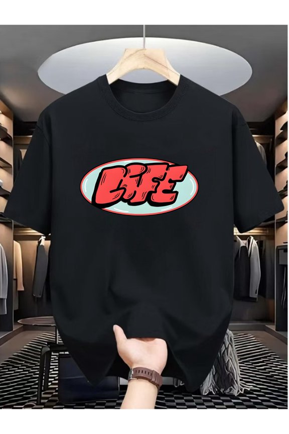 Life Pattern Men's Casual Digital Print T-Shirt - Polyester, Crew Neck, Short