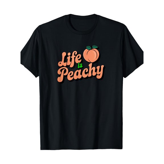 Life Is Peachy" Retro Fruit Vibes Graphic Tee - 100% Cotton, 220g, Short Sleeve, Crew Neck in Black with Orange Peach Design, Casual Wear for All Seasons, Peach Decor