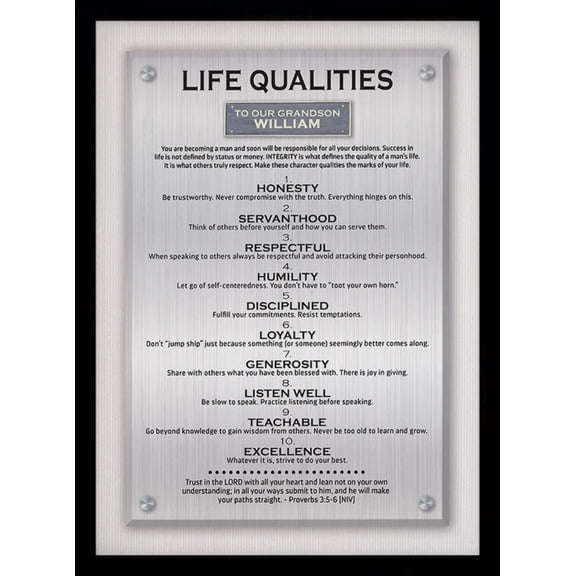 Life Qualities | Personalized Grad Son Grandson Nephew Gift, Print, Wall Decor