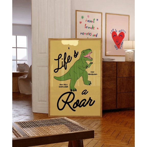 Life'S A Roar Poster, Dinosaur Puns Wall Art Positive Affirmation Retro Aesthetic Apartment Bedroom Decor Cute Dorm Poster, Unframed Poster Size 24x36 F03.1.15l186
